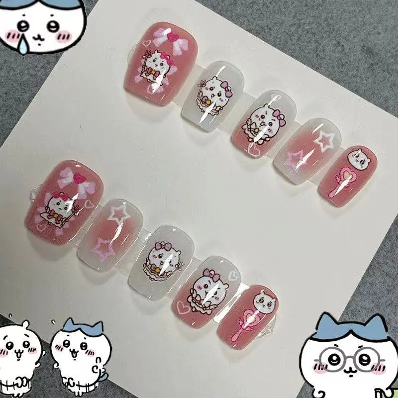 Nail Art yiji ハチワレ Hachiware うさぎ USAGI ちい./かわ Kawaii Wearing Nails Cartoon Nails DIY Short Cute Finished Patches Girls Gifts