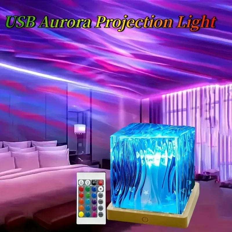 Newest 16 Colors Dynamic Water Ripple/Aurora Night Light Projection Lamp Flame Crystal Lamp USB Powered Table Nightlight Decor